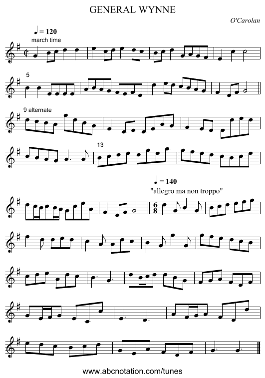 GENERAL WYNNE - staff notation