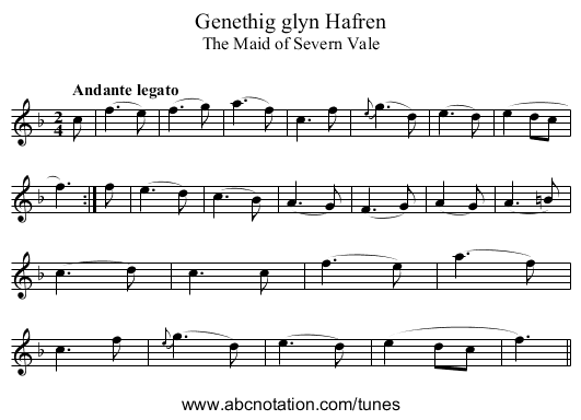 Genethig glyn Hafren - staff notation