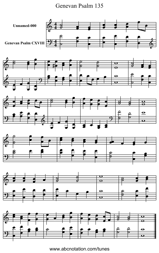 Genevan Psalm 135 - staff notation