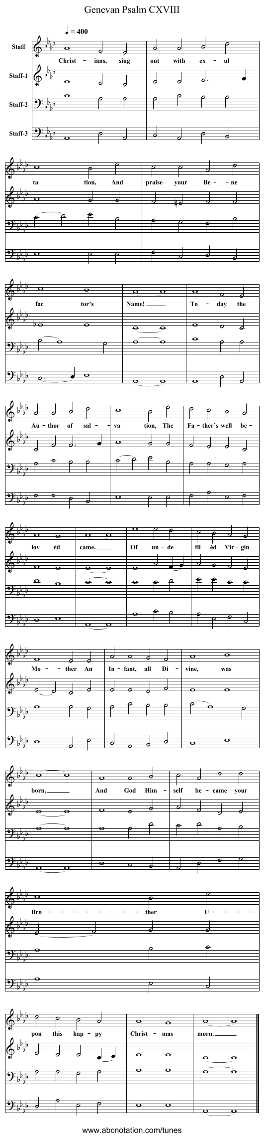 Genevan Psalm CXVIII - staff notation