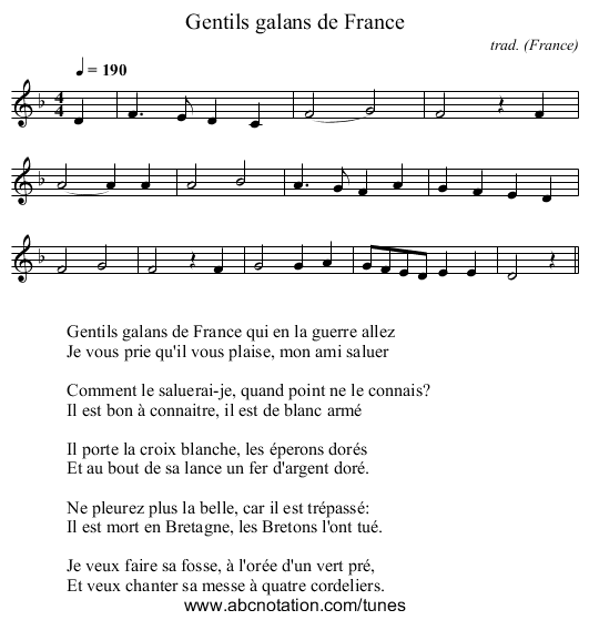 Gentils galans de France - staff notation