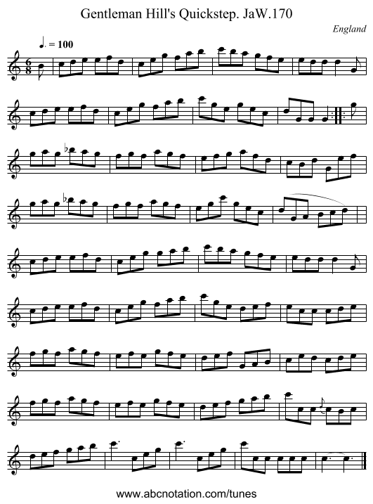 Gentleman Hill's Quickstep. JaW.170 - staff notation