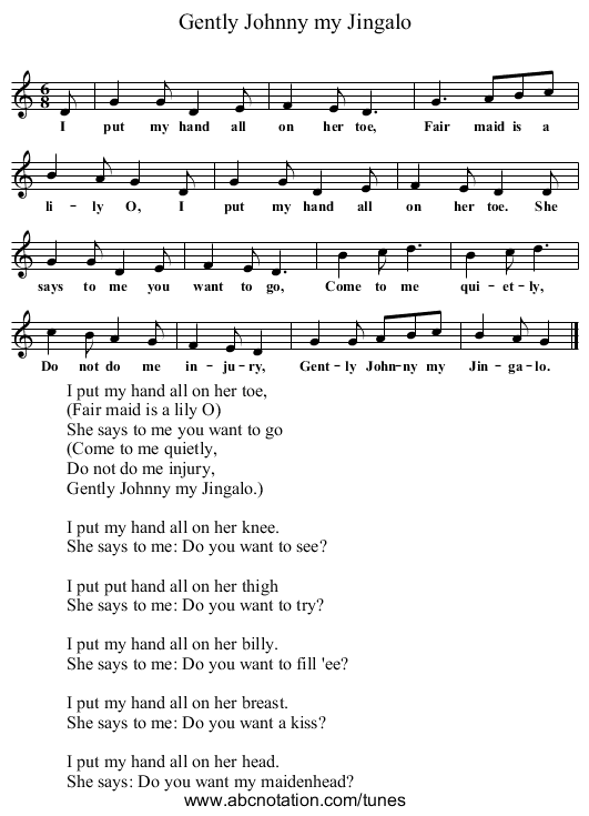 Gently Johnny my Jingalo - staff notation