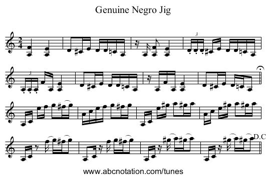 Genuine Negro Jig - staff notation
