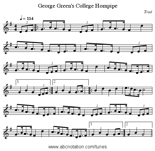 George Green's College Hornpipe - staff notation