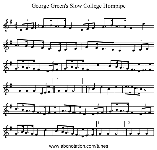 George Green's Slow College Hornpipe - staff notation