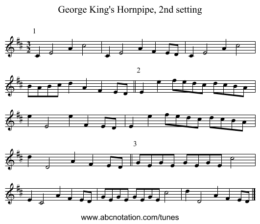 George King's Hornpipe, 2nd setting - staff notation