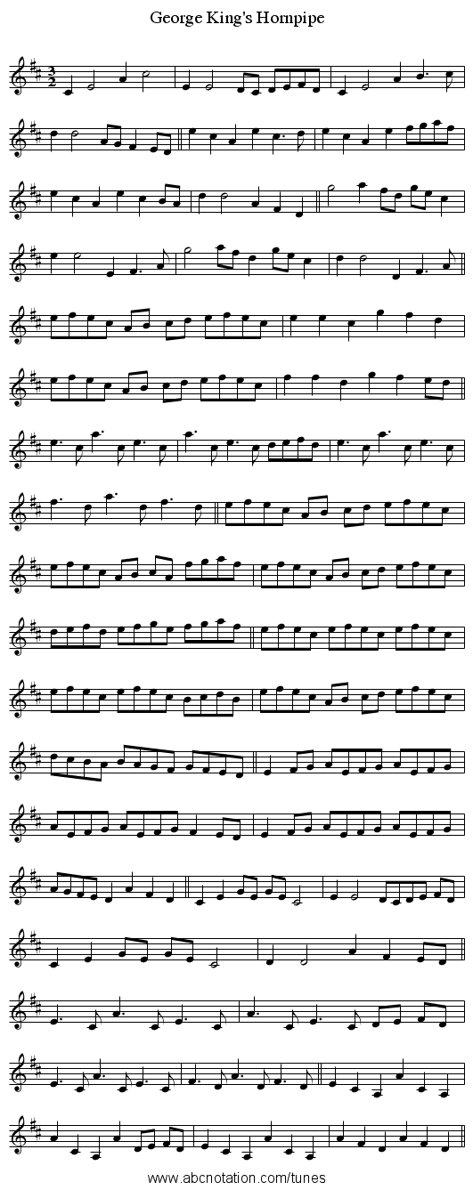 George King's Hornpipe - staff notation