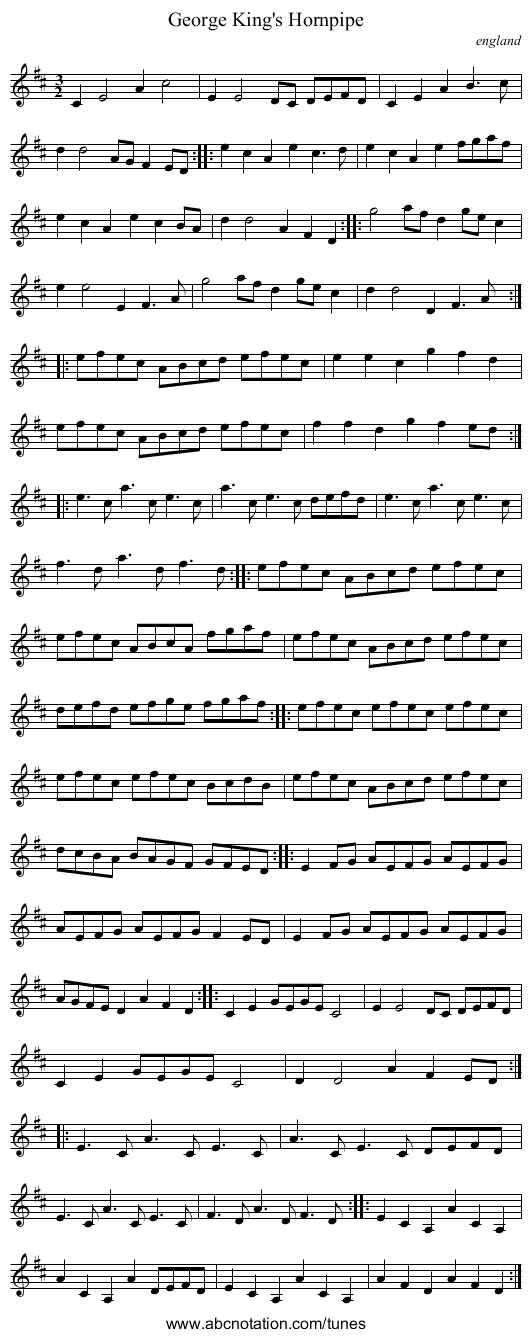 George King's Hornpipe - staff notation