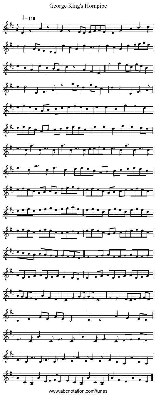 George King's Hornpipe - staff notation