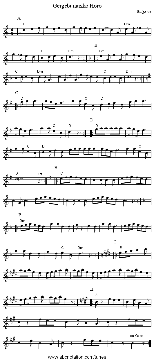 Gergebunarsko Horo - staff notation