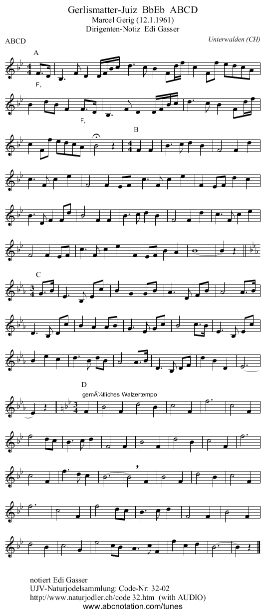 Gerlismatter-Juiz  BbEb  ABCD - staff notation