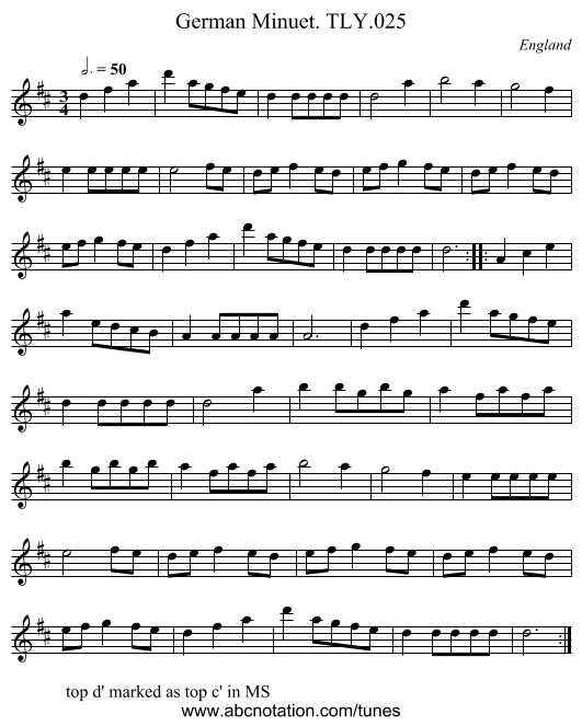 German Minuet. TLY.025 - staff notation
