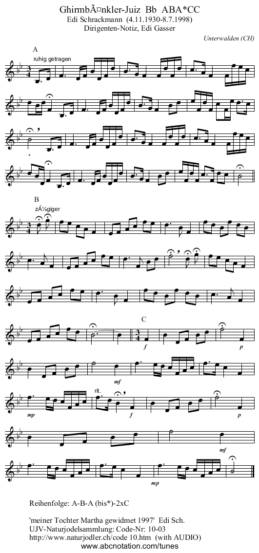 GhirmbÃ¤nkler-Juiz  Bb  ABA*CC - staff notation