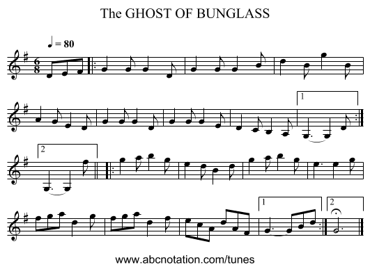 GHOST OF BUNGLASS, The - staff notation