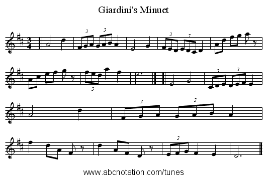 Giardini's Minuet - staff notation