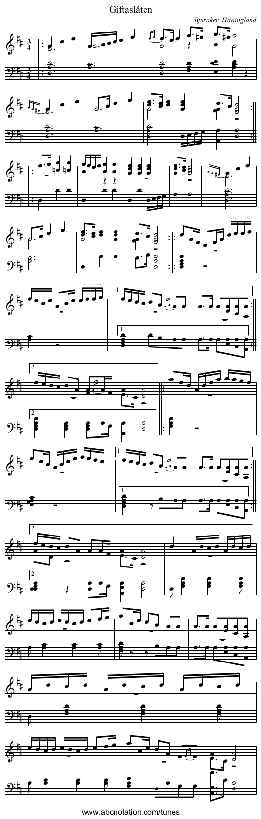 Giftaslåten - staff notation
