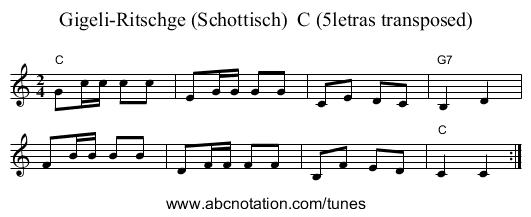 Gigeli-Ritschge (Schottisch)  C (5letras transposed) - staff notation