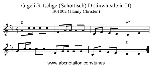 Gigeli-Ritschge (Schottisch) D (tinwhistle in D) - staff notation