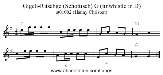 Gigeli-Ritschge (Schottisch) G (tinwhistle in D) - staff notation