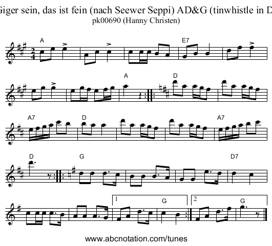 Giger sein, das ist fein (nach Seewer Seppi) AD&G (tinwhistle in D) - staff notation