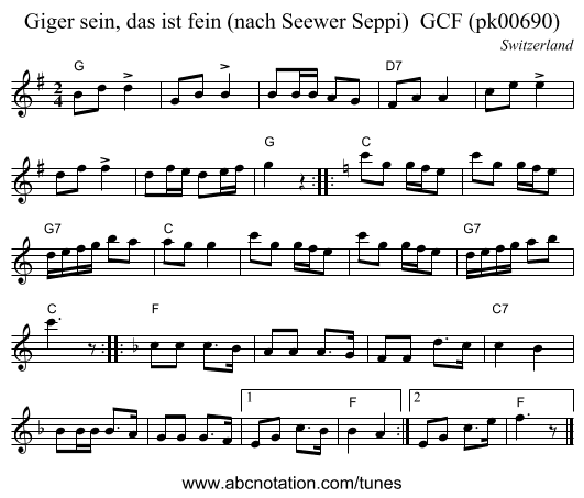 Giger sein, das ist fein (nach Seewer Seppi)  GCF (pk00690) - staff notation