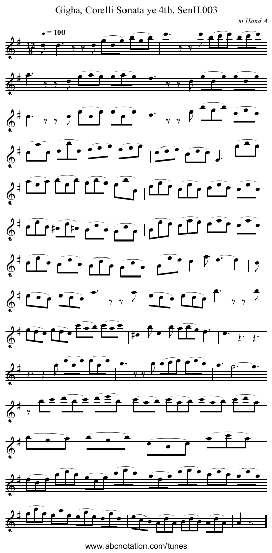 Gigha, Corelli Sonata ye 4th. SenH.003 - staff notation