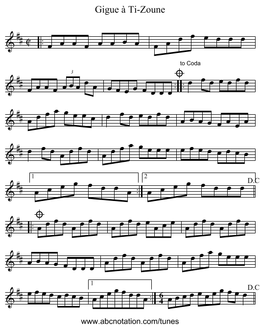 Gigue à Ti-Zoune - staff notation
