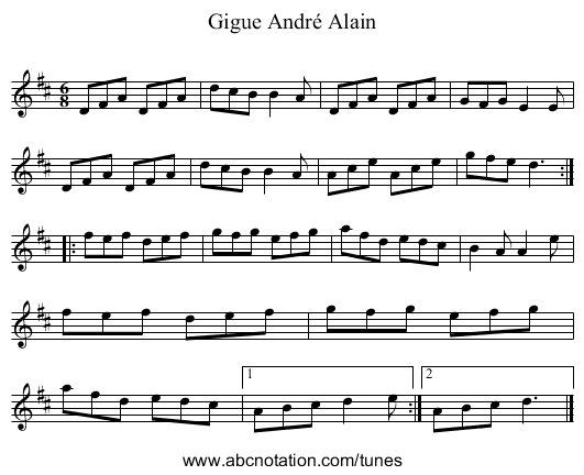 Gigue Andr&eacute; Alain - staff notation