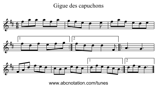 Gigue des capuchons - staff notation