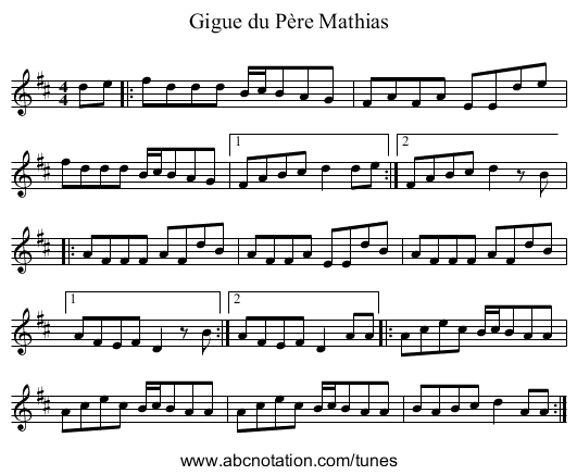 Gigue du P&egrave;re Mathias - staff notation