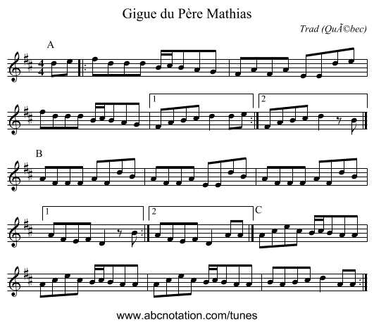 Gigue du Père Mathias - staff notation