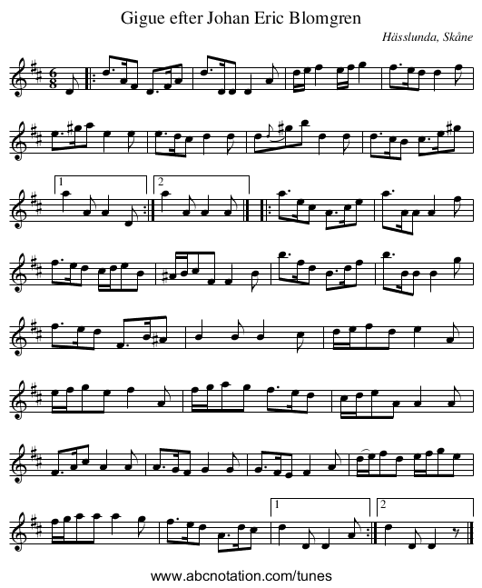 Gigue efter Johan Eric Blomgren - staff notation