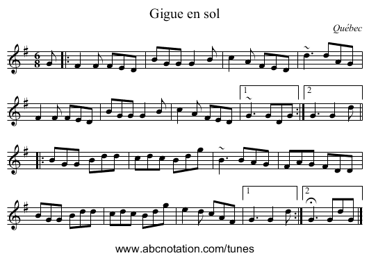 Gigue en sol - staff notation