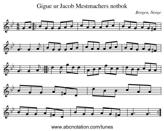 Gigue ur Jacob Mestmachers notbok - staff notation
