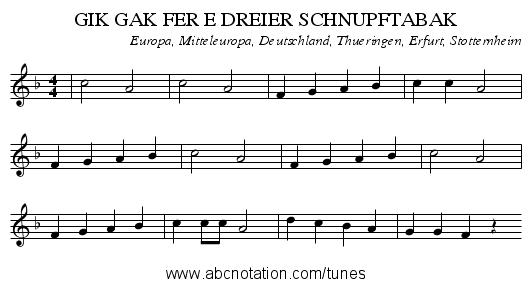 GIK GAK FER E DREIER SCHNUPFTABAK - staff notation