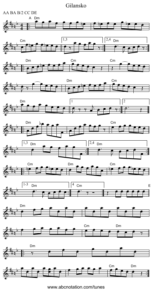 Gilansko - staff notation