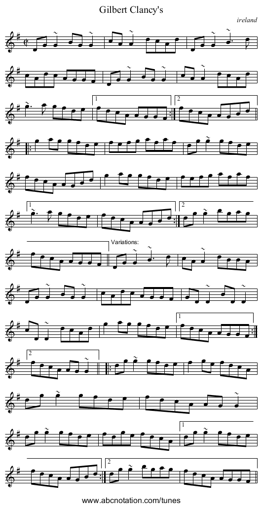 Gilbert Clancy's - staff notation