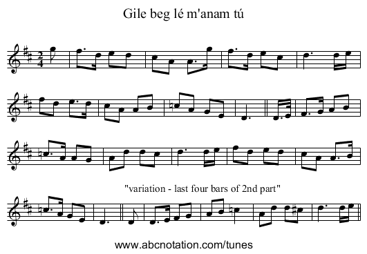 Gile beg lé m'anam tú - staff notation