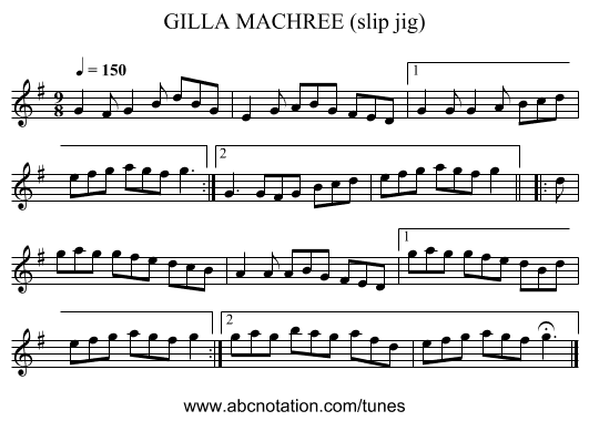 GILLA MACHREE (slip jig) - staff notation