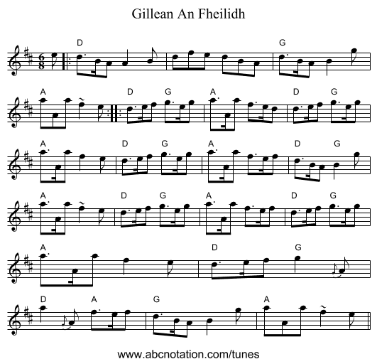 Gillean An Fheilidh - staff notation