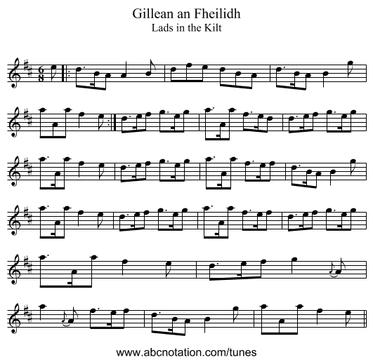 Gillean an Fheilidh - staff notation