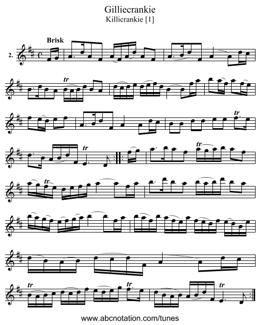 Gilliecrankie - staff notation