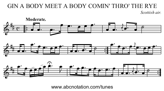 GIN A BODY MEET A BODY COMIN' THRO' THE RYE - staff notation