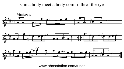 Gin a body meet a body comin’ thro’ the rye - staff notation
