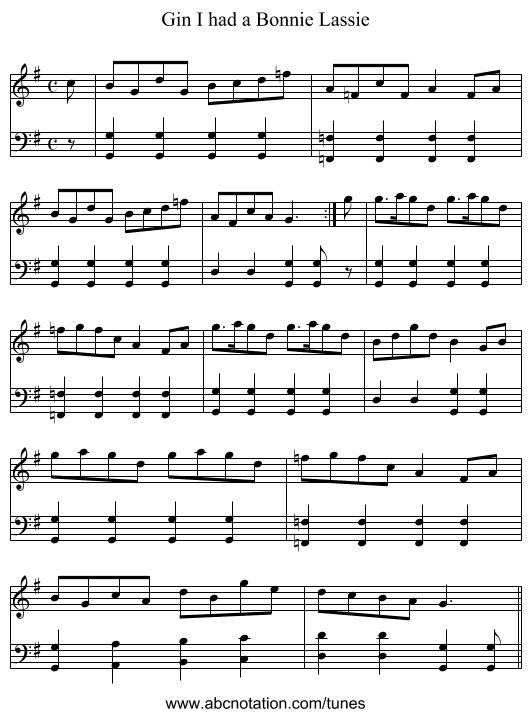 Gin I had a Bonnie Lassie - staff notation