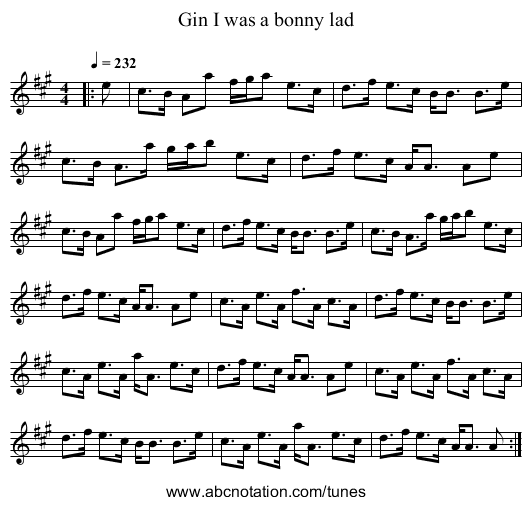 Gin I was a bonny lad - staff notation