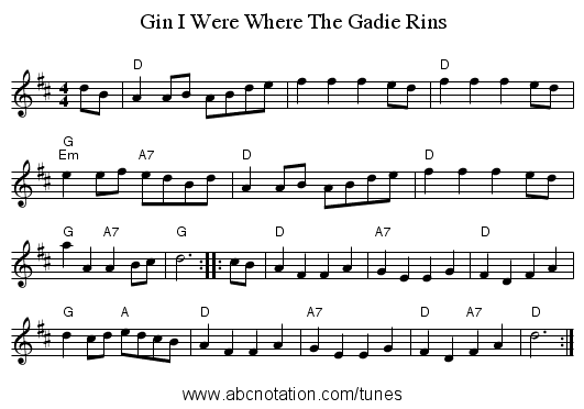 Gin I Were Where The Gadie Rins - staff notation