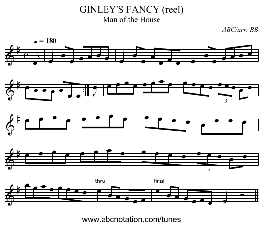 GINLEY'S FANCY (reel) - staff notation