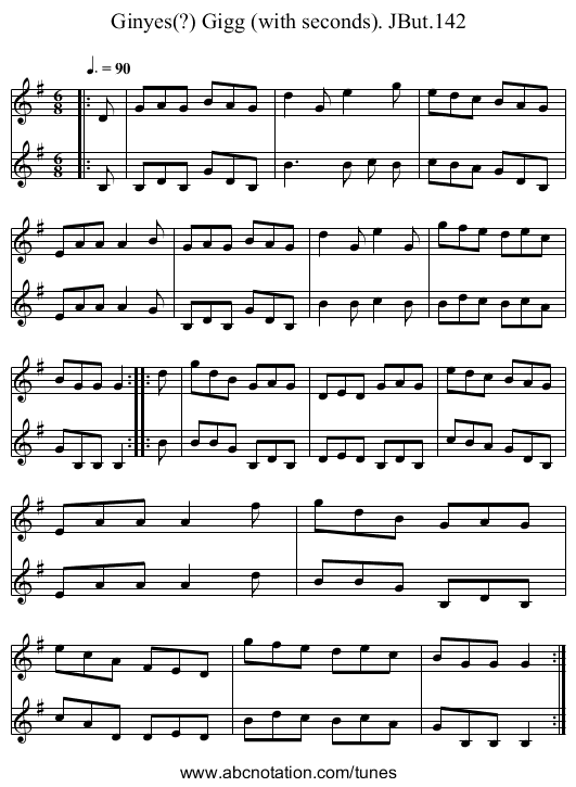 Ginyes(?) Gigg (with seconds). JBut.142 - staff notation